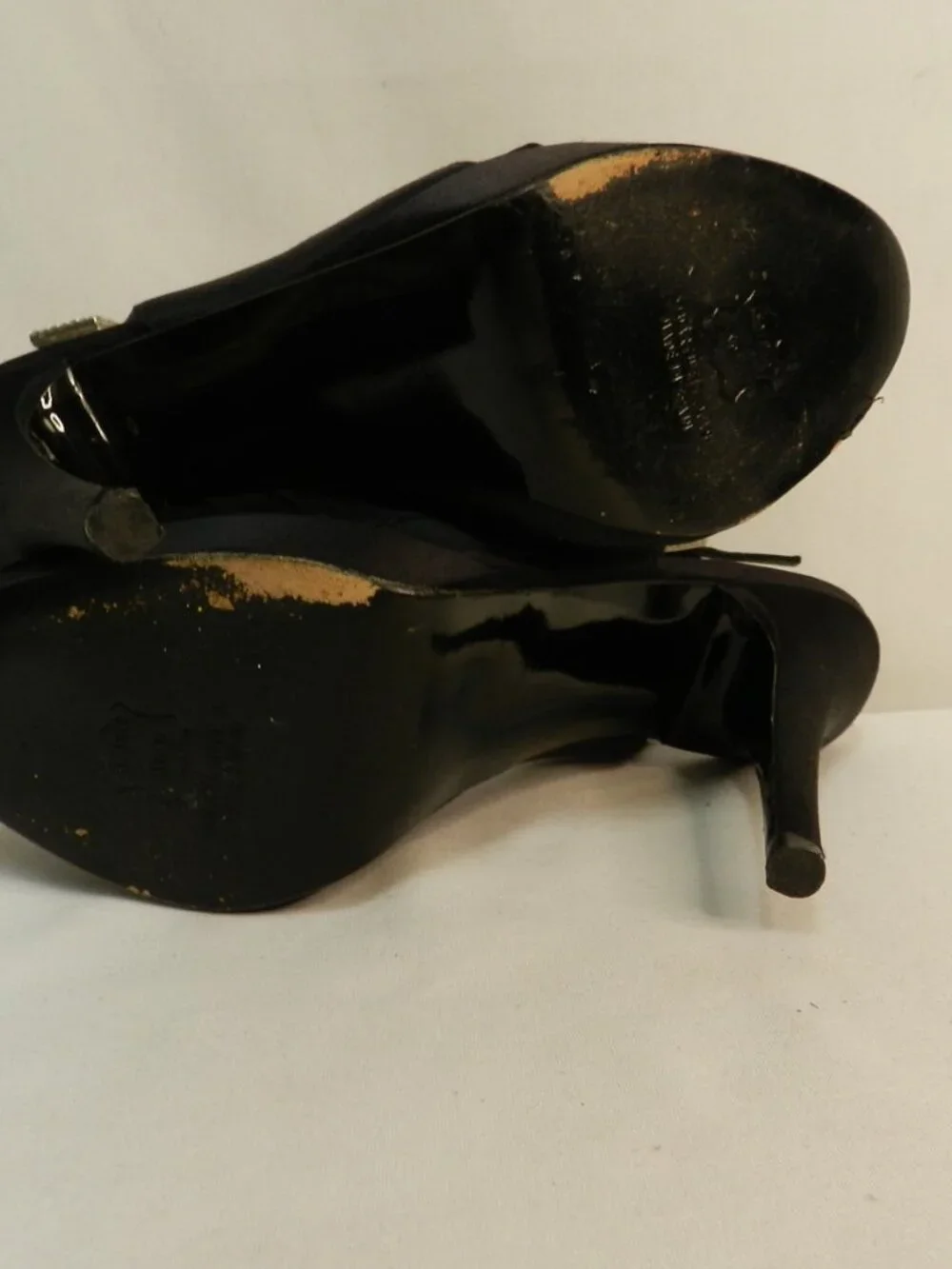 Stuart Weitzman Satin Leather Crystal Buckle black slingback peep toe heels 9.5